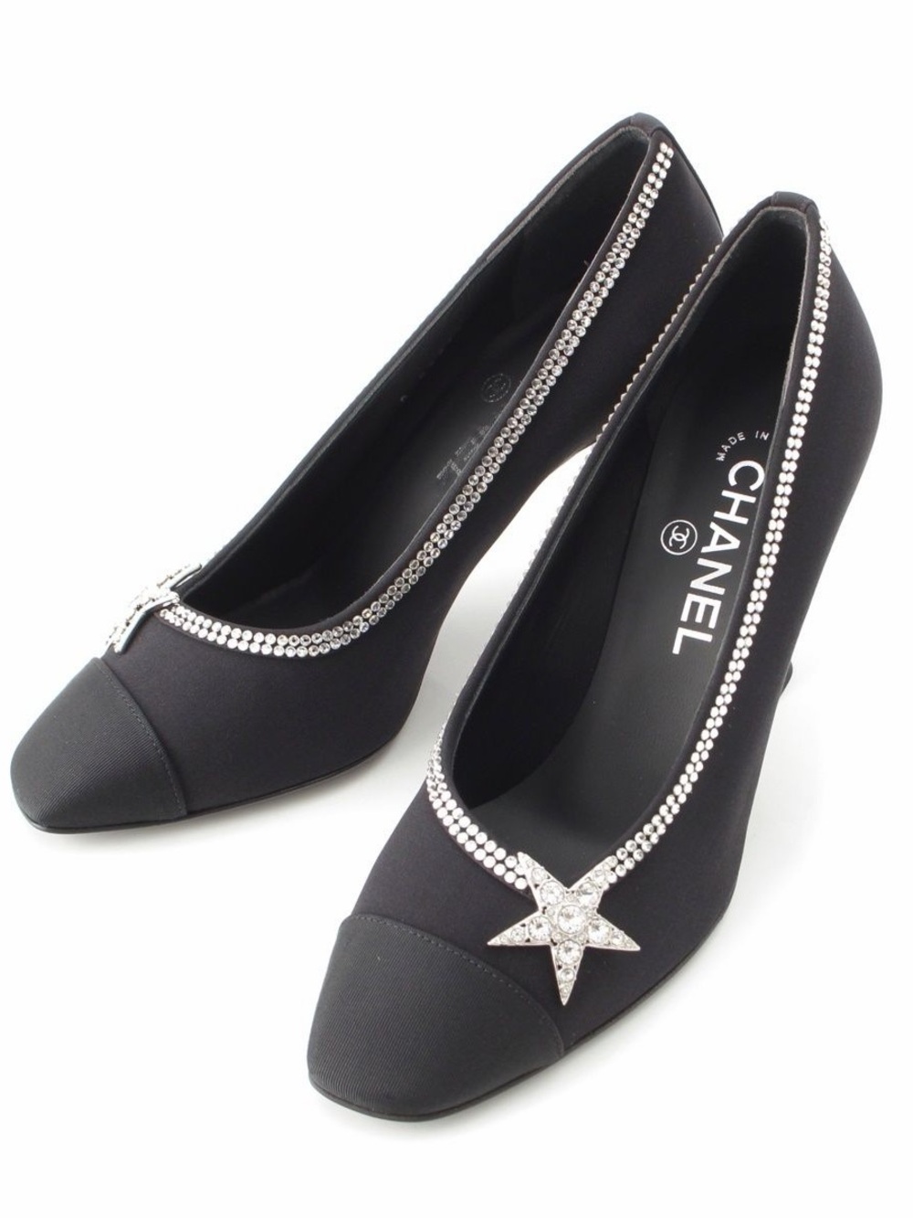 CHANEL Satin Black Crystal-Trim Cap-Toe Star Heels Pumps / Size EU 38 Like New